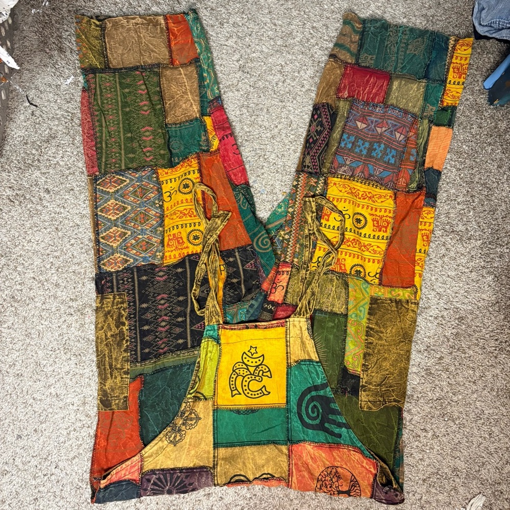 Boho Patchwork Wide Leg Jumpsuit Overalls 100% Cotton - Picture 3 of 16
